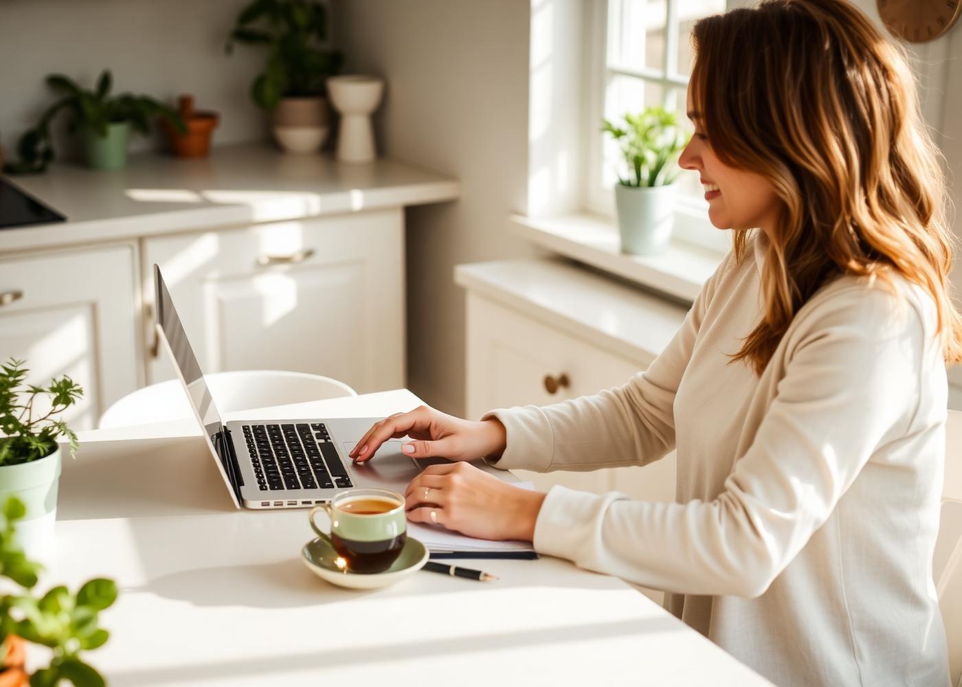Independent business owner working from a bright home kitchen